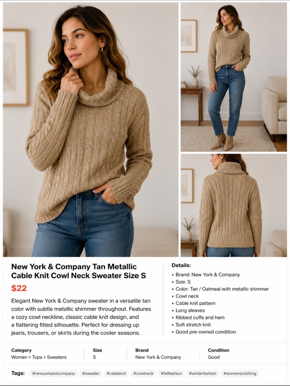 New York & Company Tan Metallic Cable Knit Cowl Neck Sweater Size S